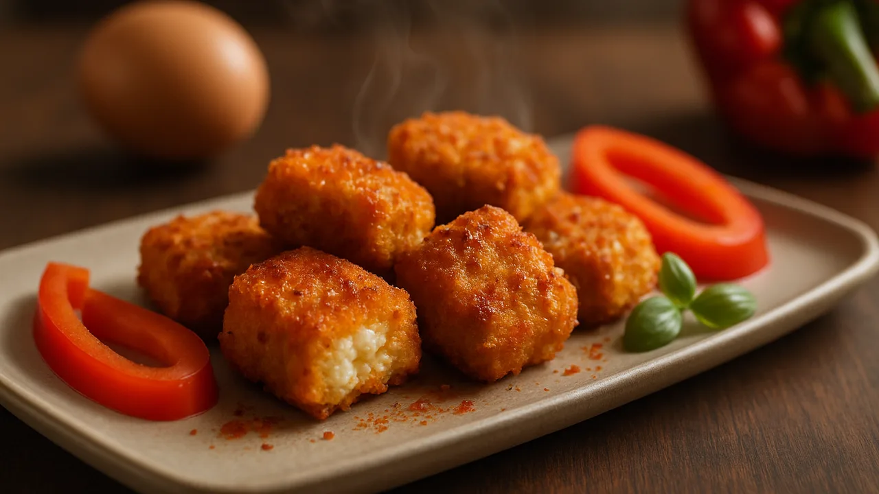 BBQ-Feta Nuggets mit Paprika aus dem Airfryer mit Feta und Paprika, auf dunklem Walnussholz angerichtet.