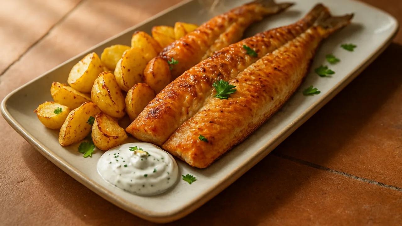 BBQ-Forelle mit Kartoffel aus dem Airfryer mit Kartoffeln und Forellenfilets, auf Terracotta-Fliesen angerichtet.