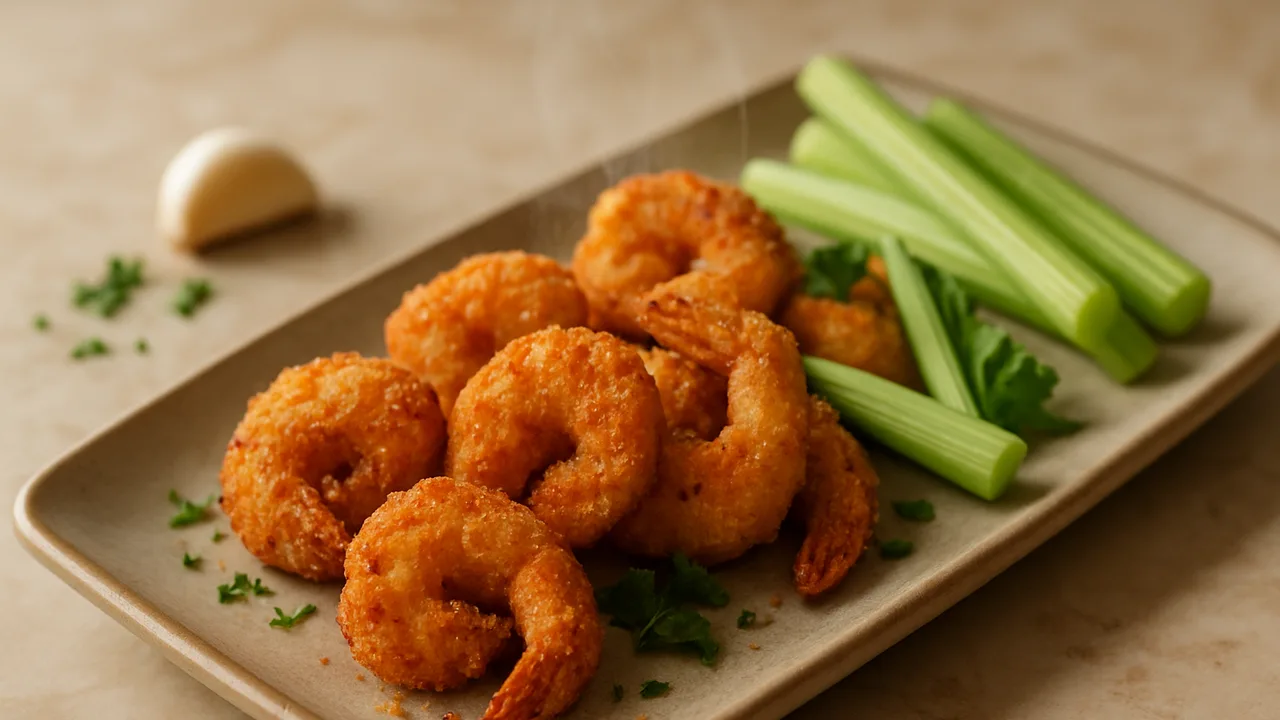 BBQ-Garnelen-Nuggets mit Sellerie aus dem Airfryer mit Garnelen und Ei, auf beigem Marmor angerichtet.