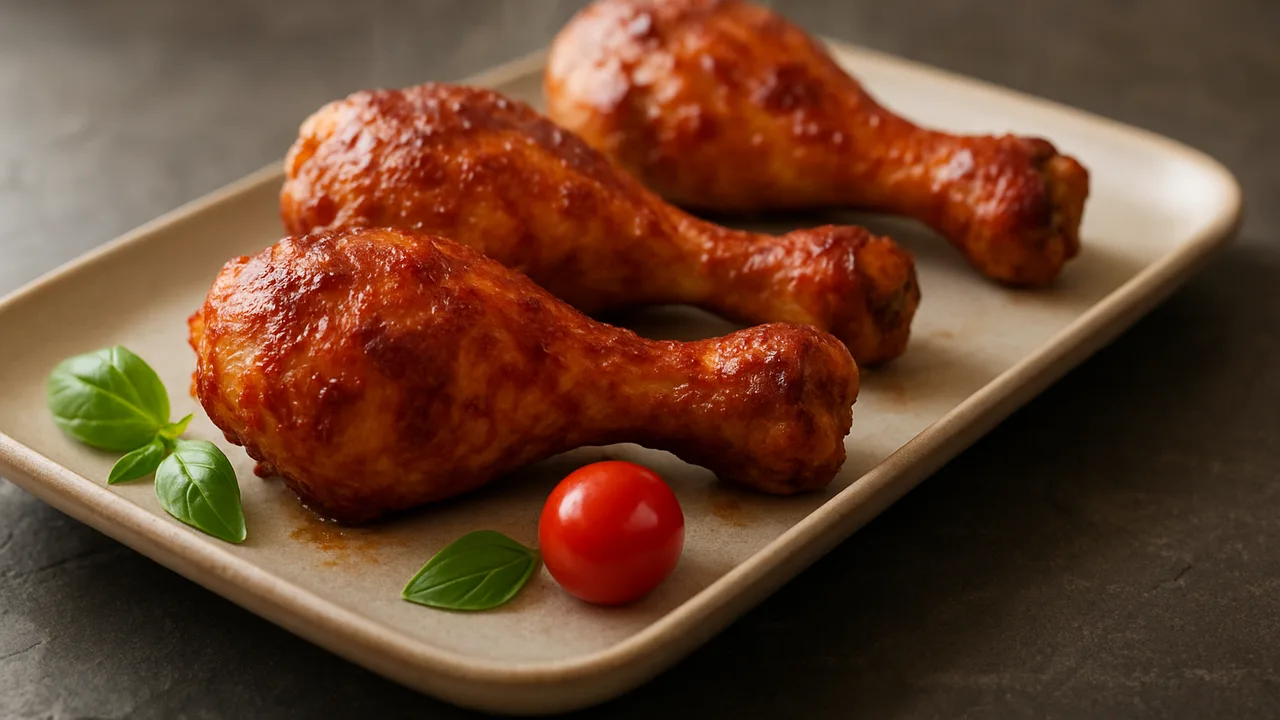 BBQ-Hähnchenkeulen aus dem Airfryer mit Hähnchenschenkel und Tomatenmark, auf dunklem Schiefer angerichtet.