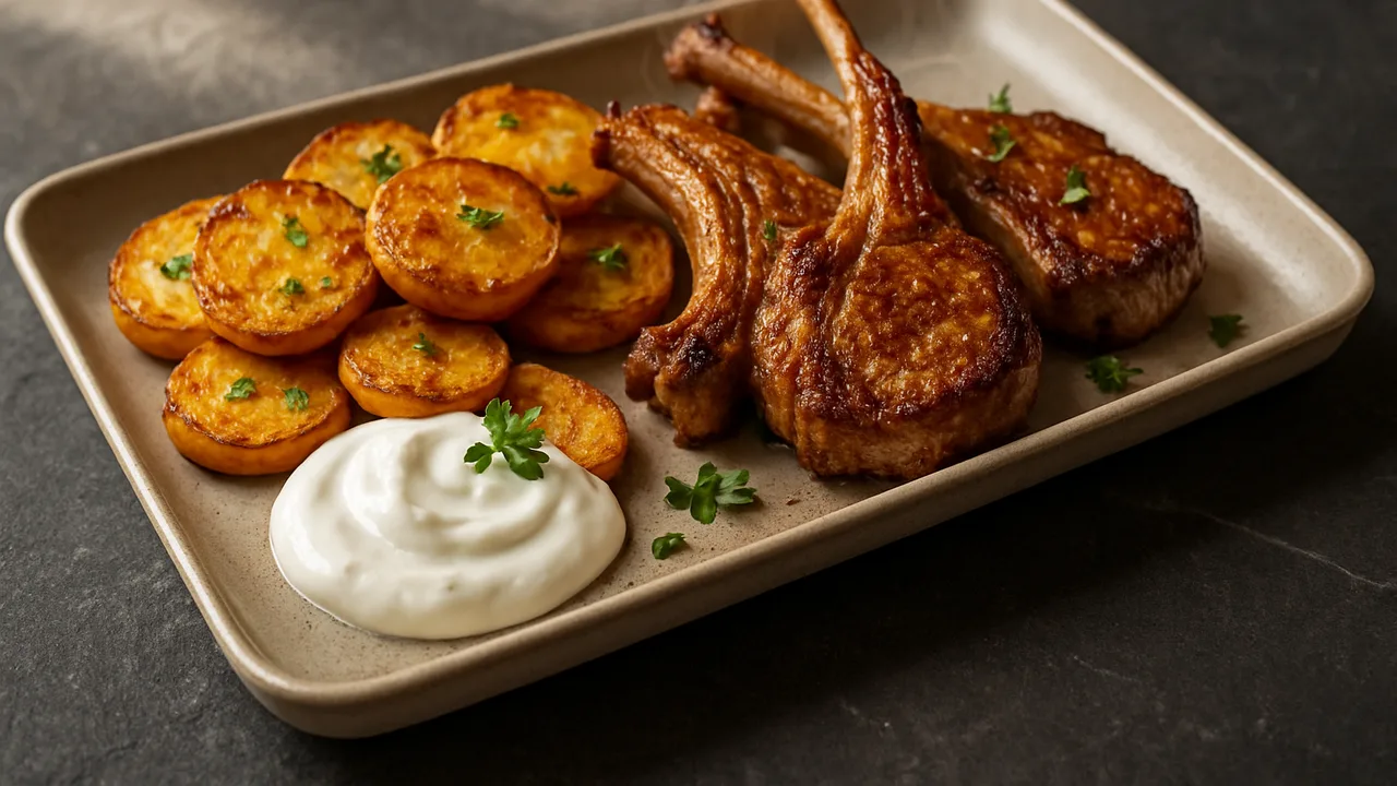 BBQ-Kartoffel-Lammkotelett-Röstchen aus dem Airfryer mit Lammkoteletts und Kartoffeln, auf dunklem Schiefer angerichtet.