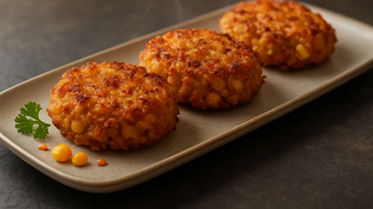 BBQ-Kartoffel-Linsen-Röstchen aus dem Airfryer mit Kartoffeln und rote Linsen, auf dunklem Schiefer angerichtet.