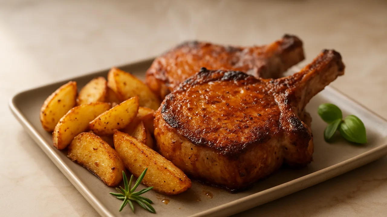 BBQ-Kartoffel-Schweinekotelett-Röstchen aus dem Airfryer mit Schweinekoteletts und Kartoffeln, auf beigem Marmor angerichtet.
