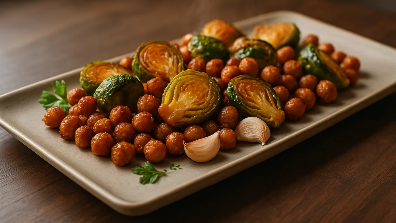BBQ-Kichererbsen mit Rosenkohl aus dem Airfryer mit Kichererbsen und Rosenkohl, auf dunklem Walnussholz angerichtet.
