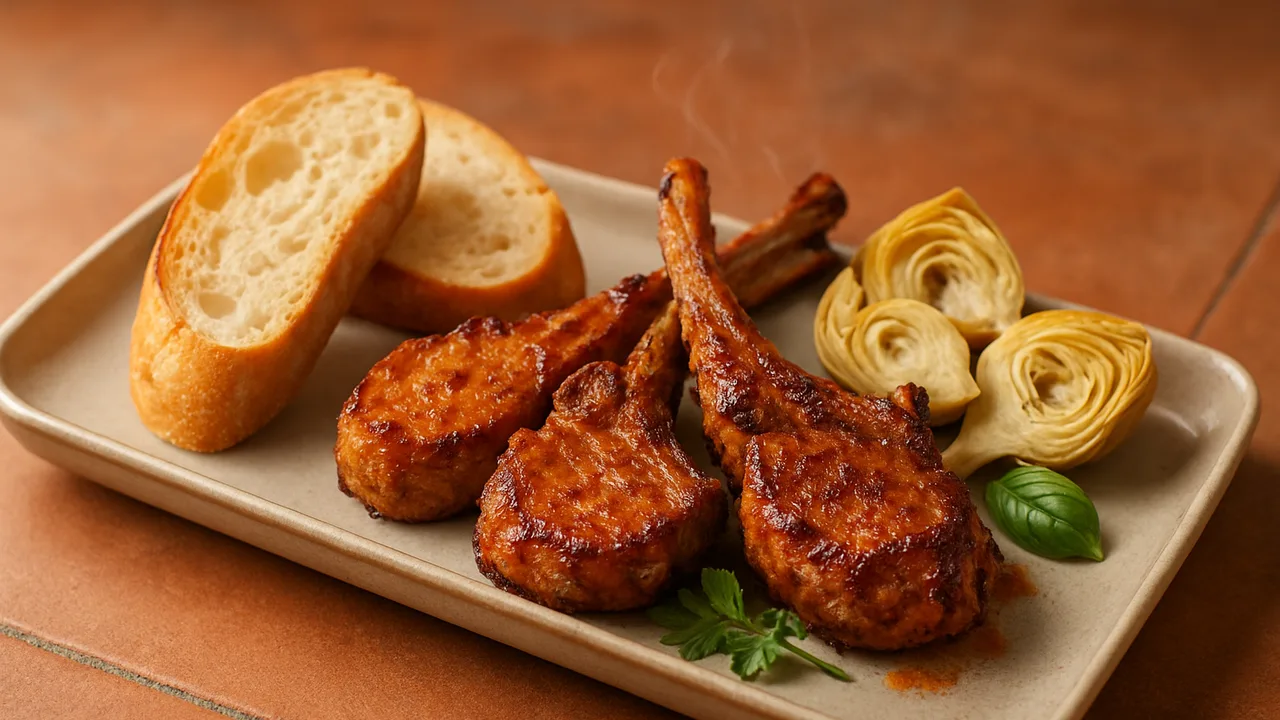BBQ-Lammkotelett Bowl mit Baguette und Artischocke aus dem Airfryer mit Lammkoteletts und Artischockenherzen, auf …