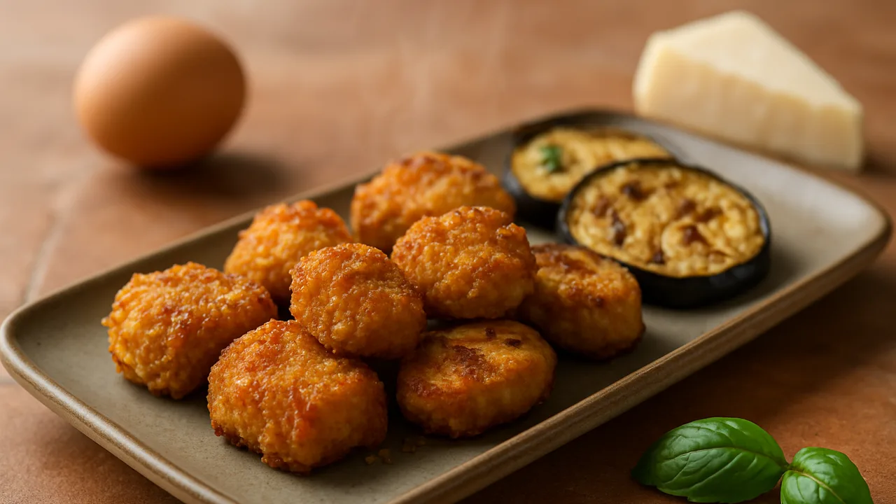BBQ-Putenbrust Nuggets mit Aubergine aus dem Airfryer mit Putenbrust und Ei, auf Terracotta-Fliesen angerichtet.
