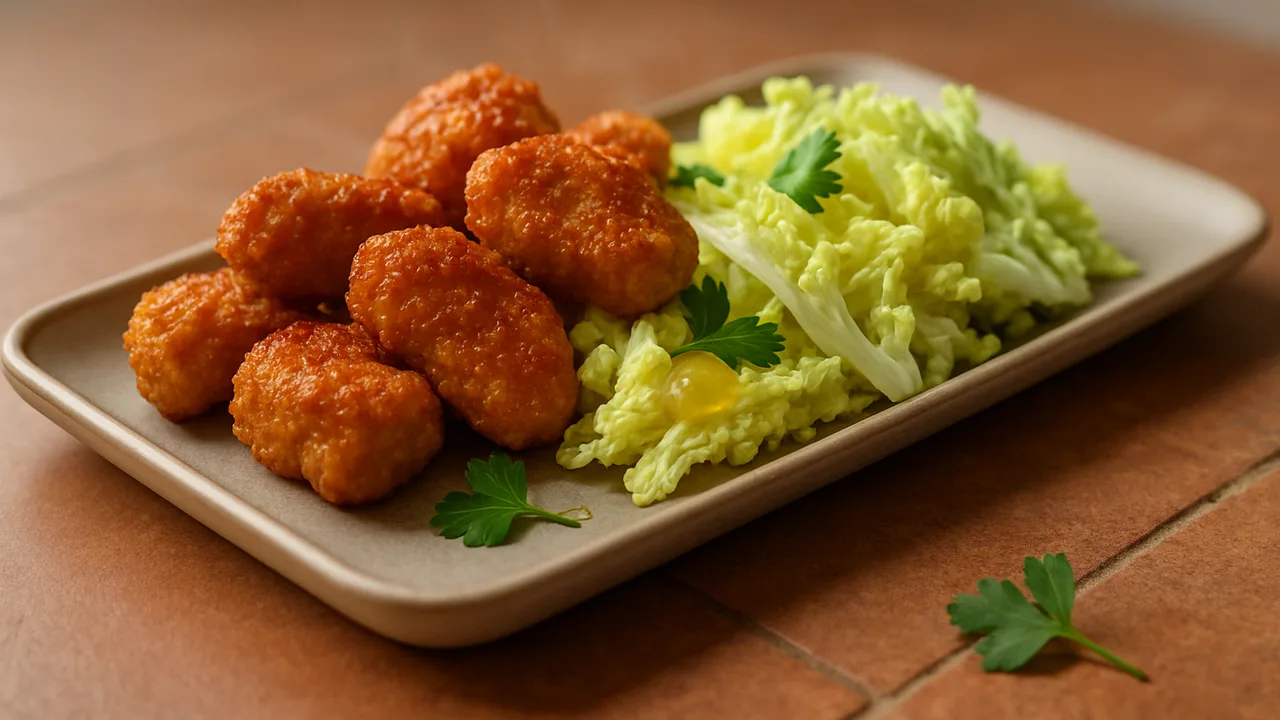 BBQ-Putenbrust Nuggets mit Chinakohl aus dem Airfryer mit Putenbrust und Chinakohl, auf Terracotta-Fliesen angerichtet.