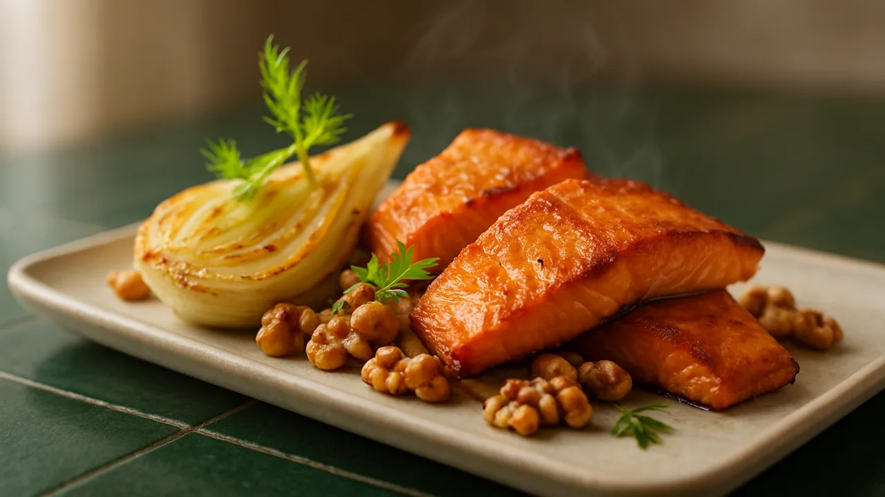 BBQ-Räucherlachs-Fenchel mit Walnüssen aus dem Airfryer mit Fenchel und Räucherlachs, auf dunkelgrünen Fliesen angerichtet.