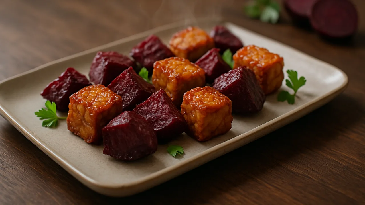 BBQ-Rote Bete-Tempeh-Röstchen aus dem Airfryer mit Tempeh und Rote Bete, auf dunklem Walnussholz angerichtet.