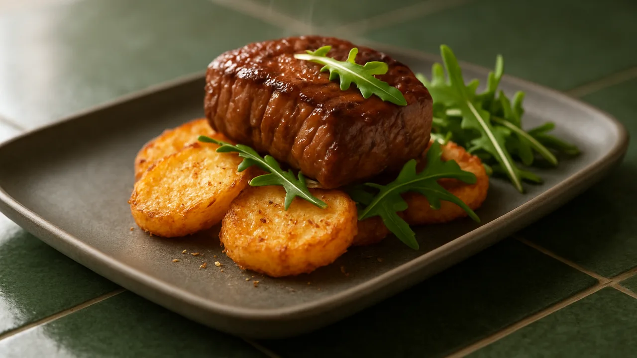 BBQ-Rucola-Rinderfilet-Röstchen aus dem Airfryer mit Rinderfilet und Knoblauchpulver, auf dunkelgrünen Fliesen angerichtet.