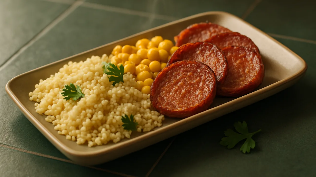 BBQ-Salami Bowl mit Couscous und Mais aus dem Airfryer mit Salami und Couscous, auf dunkelgrünen Fliesen angerichtet.
