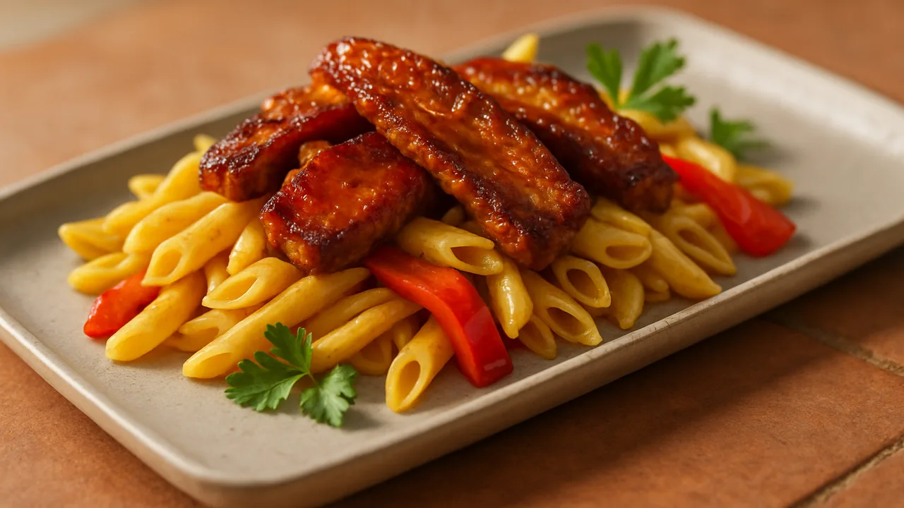 BBQ-Speck Bowl mit Nudeln und Paprika aus dem Airfryer mit Speck und Nudeln, auf Terracotta-Fliesen angerichtet.