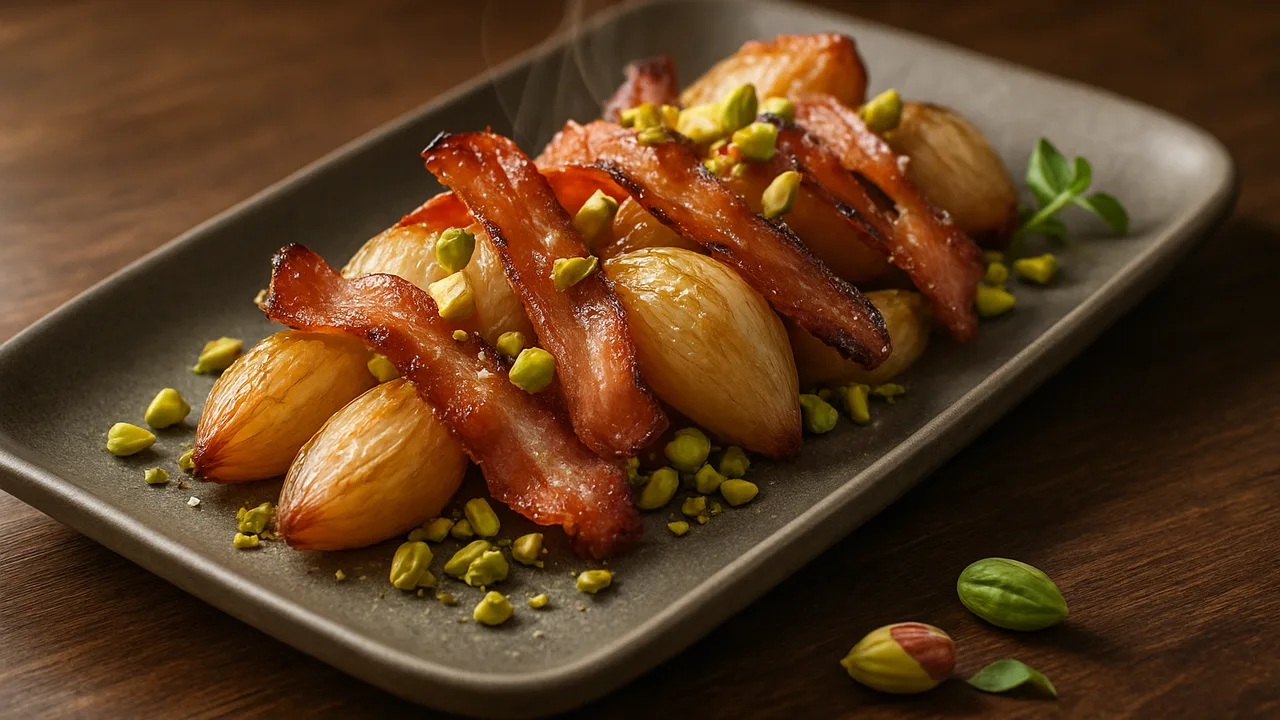 BBQ-Speck-Schalotte mit Pistazien aus dem Airfryer mit Speckstreifen und Schalotten, auf dunklem Walnussholz angerichtet.