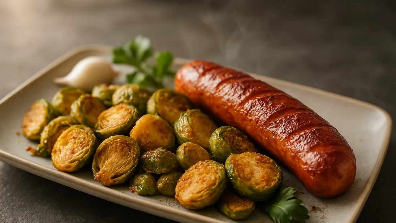 BBQ-Style Bratwurst mit Rosenkohl aus dem Airfryer mit Bratwurst und Rosenkohl, auf dunklem Schiefer angerichtet.