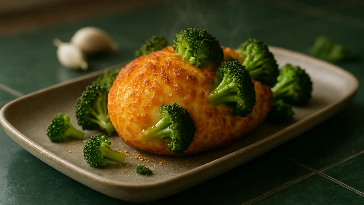BBQ-Style Ei mit Brokkoli aus dem Airfryer mit Eier und Brokkoli, auf dunkelgrünen Fliesen angerichtet.