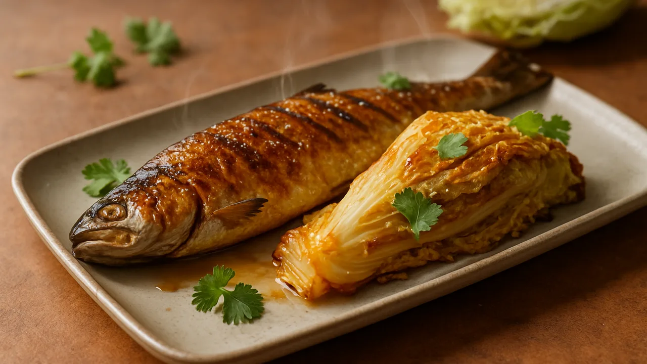 BBQ-Style Forelle mit Chinakohl aus dem Airfryer mit Forellen und Chinakohl, auf Terracotta-Fliesen angerichtet.