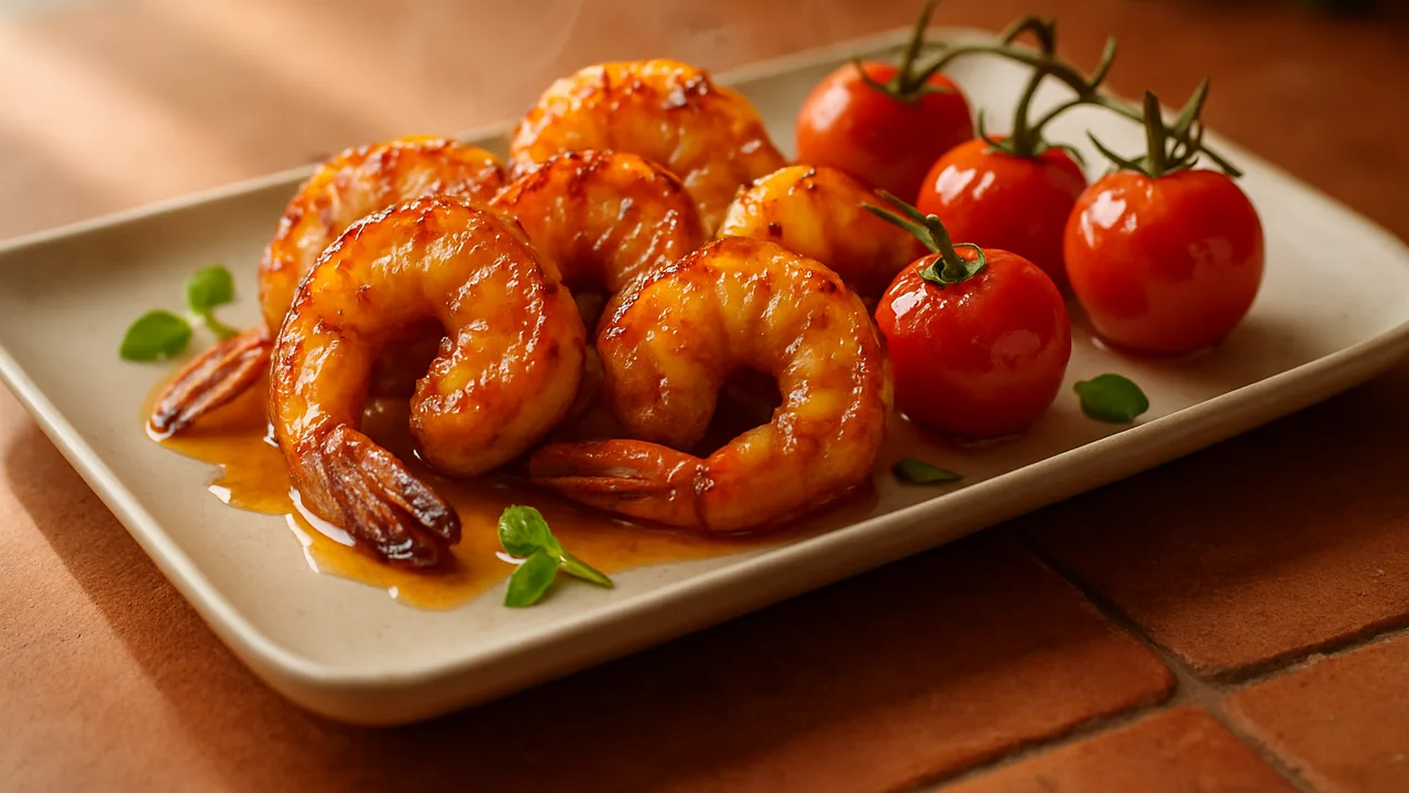 BBQ-Style Garnelen mit Tomaten aus dem Airfryer mit Garnelen und Cocktailtomaten, auf Terracotta-Fliesen angerichtet.