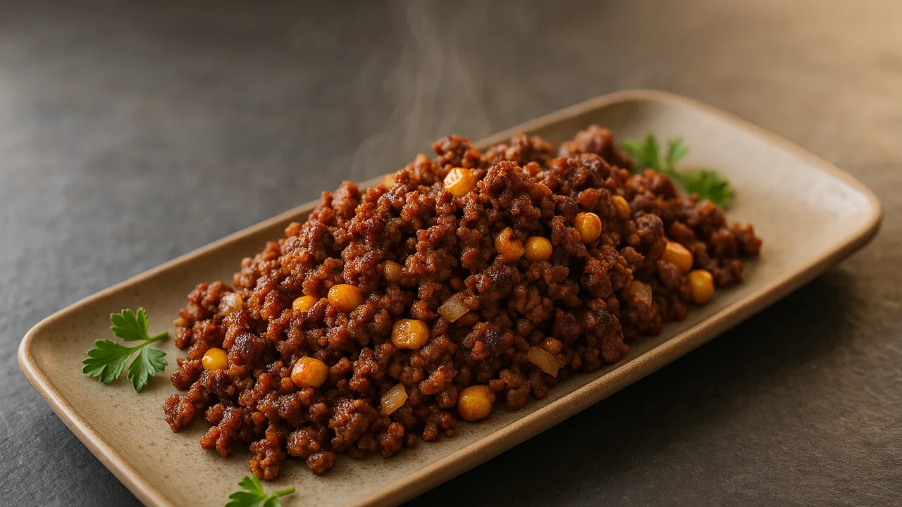 BBQ-Style Rinderhackfleisch mit Mais aus dem Airfryer mit Rinderhackfleisch und Mais, auf dunklem Schiefer angerichtet.