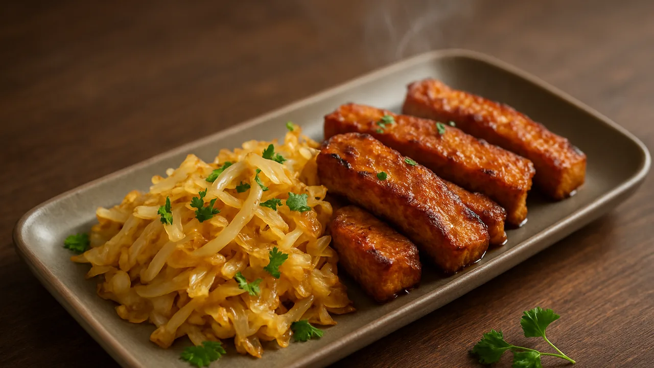 BBQ-Style Seitan mit Weißkohl aus dem Airfryer mit Seitan und Weißkohl, auf dunklem Walnussholz angerichtet.