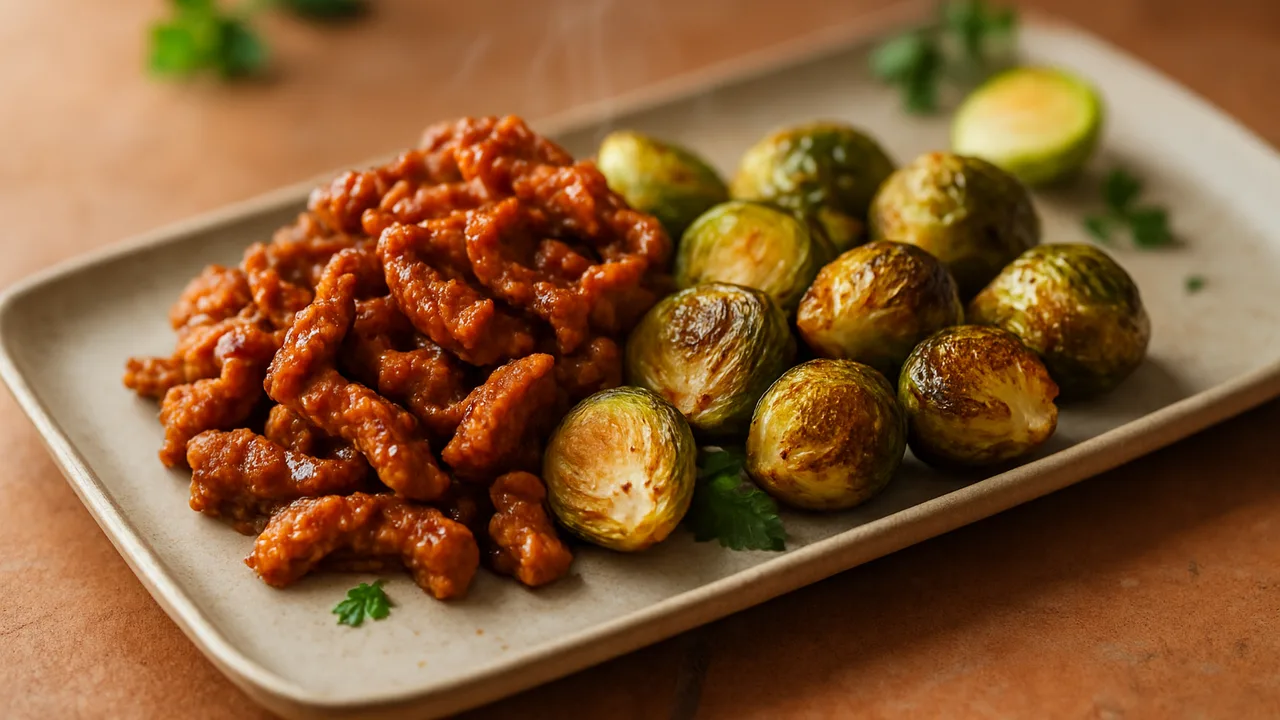 BBQ-Style Sojaschnetzel mit Rosenkohl aus dem Airfryer mit Sojaschnetzel (trocken) und Gemüsebrühe, auf Terracotta-Fliesen …