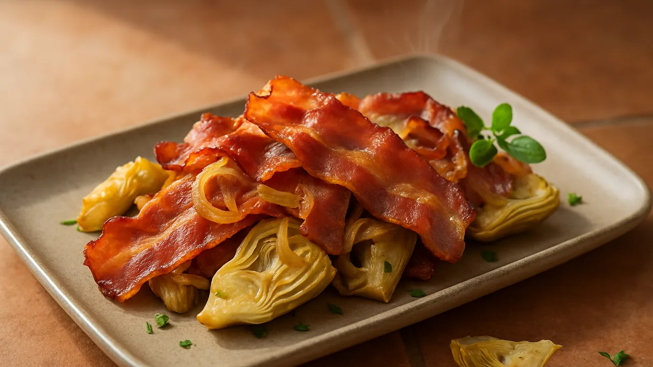 BBQ-Style Speck mit Artischocke aus dem Airfryer mit Speck und Artischockenherzen, auf Terracotta-Fliesen angerichtet.
