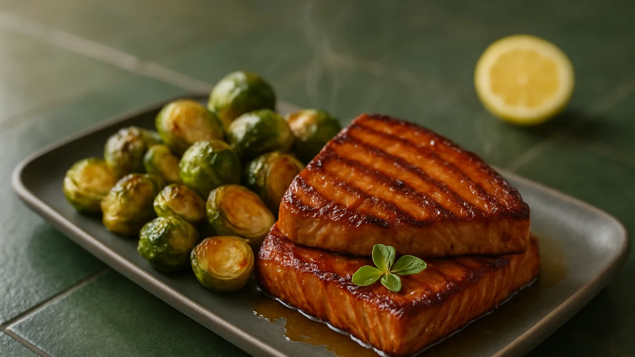 BBQ-Style Thunfisch mit Rosenkohl aus dem Airfryer mit Thunfischsteaks und Rosenkohl, auf dunkelgrünen Fliesen angerichtet.