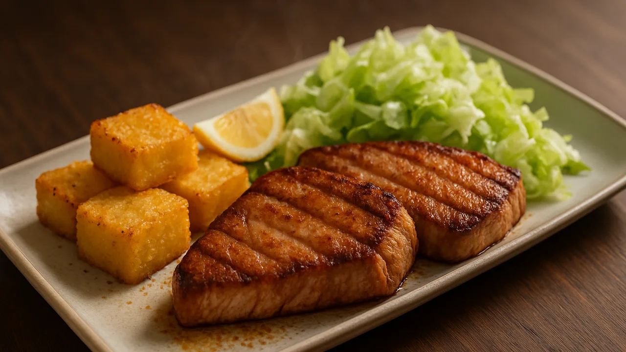 BBQ-Thunfisch Bowl mit Polenta und Eisbergsalat aus dem Airfryer mit Thunfisch-Steaks und Polenta, auf dunklem Walnussholz …