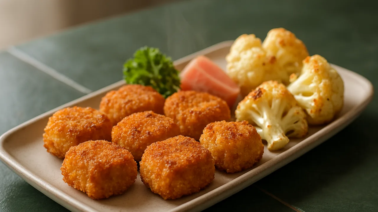 BBQ-Thunfisch Nuggets mit Blumenkohl aus dem Airfryer mit Thunfischfilet und Ei, auf dunkelgrünen Fliesen angerichtet.