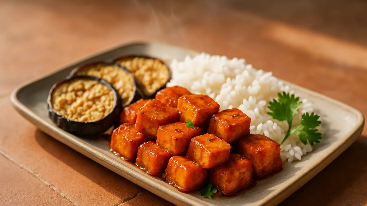 BBQ-Tofu Bowl mit Reis und Aubergine aus dem Airfryer mit Tofu und Aubergine, auf Terracotta-Fliesen angerichtet.