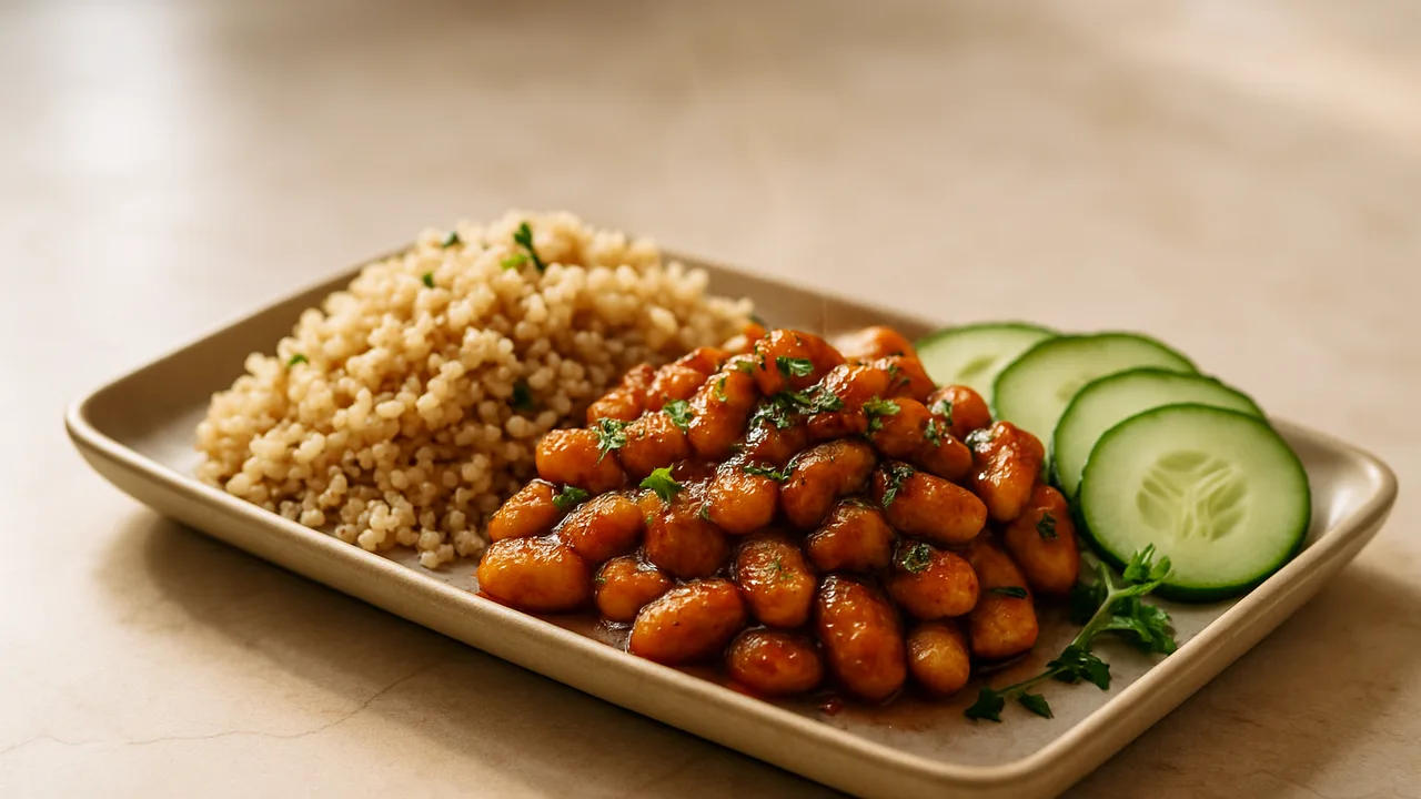 BBQ-Weiße Bohnen Bowl mit Quinoa und Gurke aus dem Airfryer mit weiße Bohnen und Quinoa, auf beigem Marmor angerichtet.