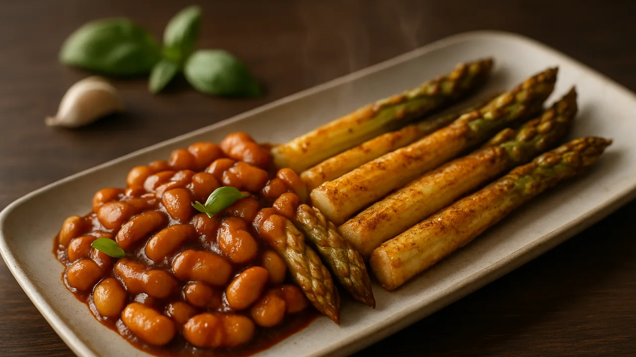 BBQ-Weiße Bohnen-Spargel-Schale aus dem Airfryer mit Weiße Bohnen (aus der Dose) und Spargel, auf dunklem Walnussholz …