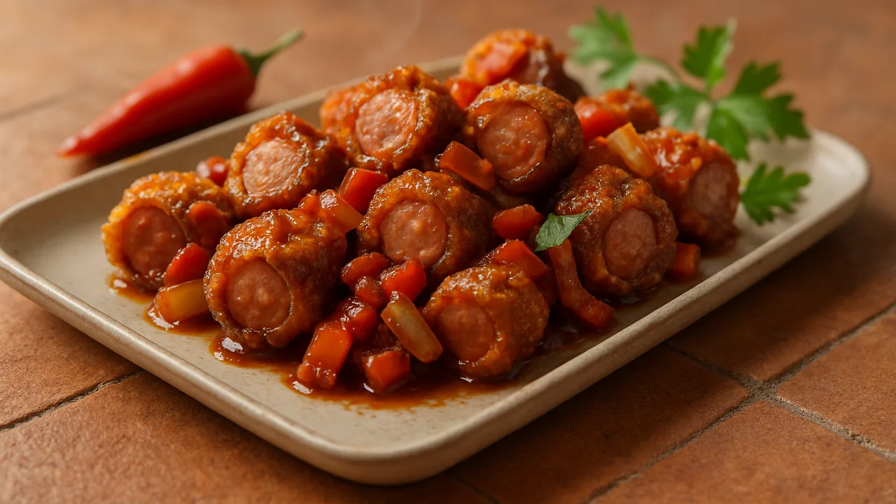 BBQ-Wiener Würstchen Nuggets mit Chili aus dem Airfryer mit Wiener Würstchen und Paprika, auf Terracotta-Fliesen angerichtet.