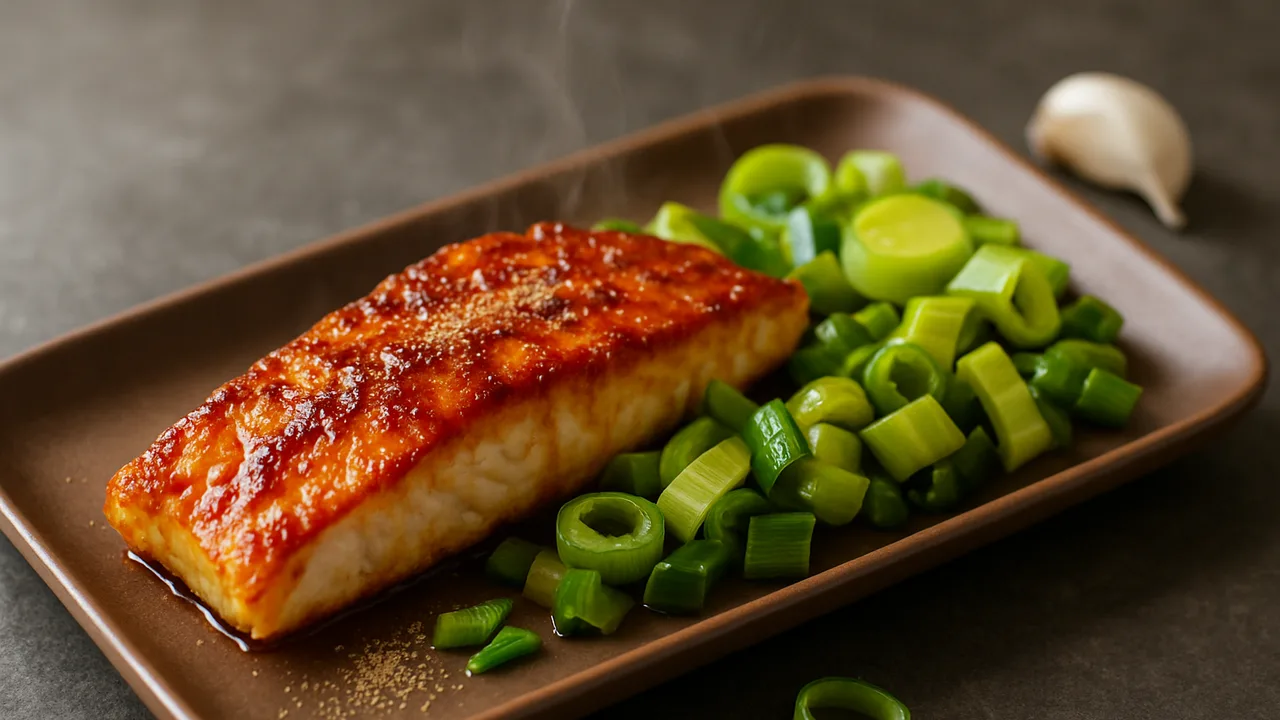 BBQ-Zander mit Lauch aus dem Airfryer mit Zanderfilet und Lauch, auf dunklem Schiefer angerichtet.