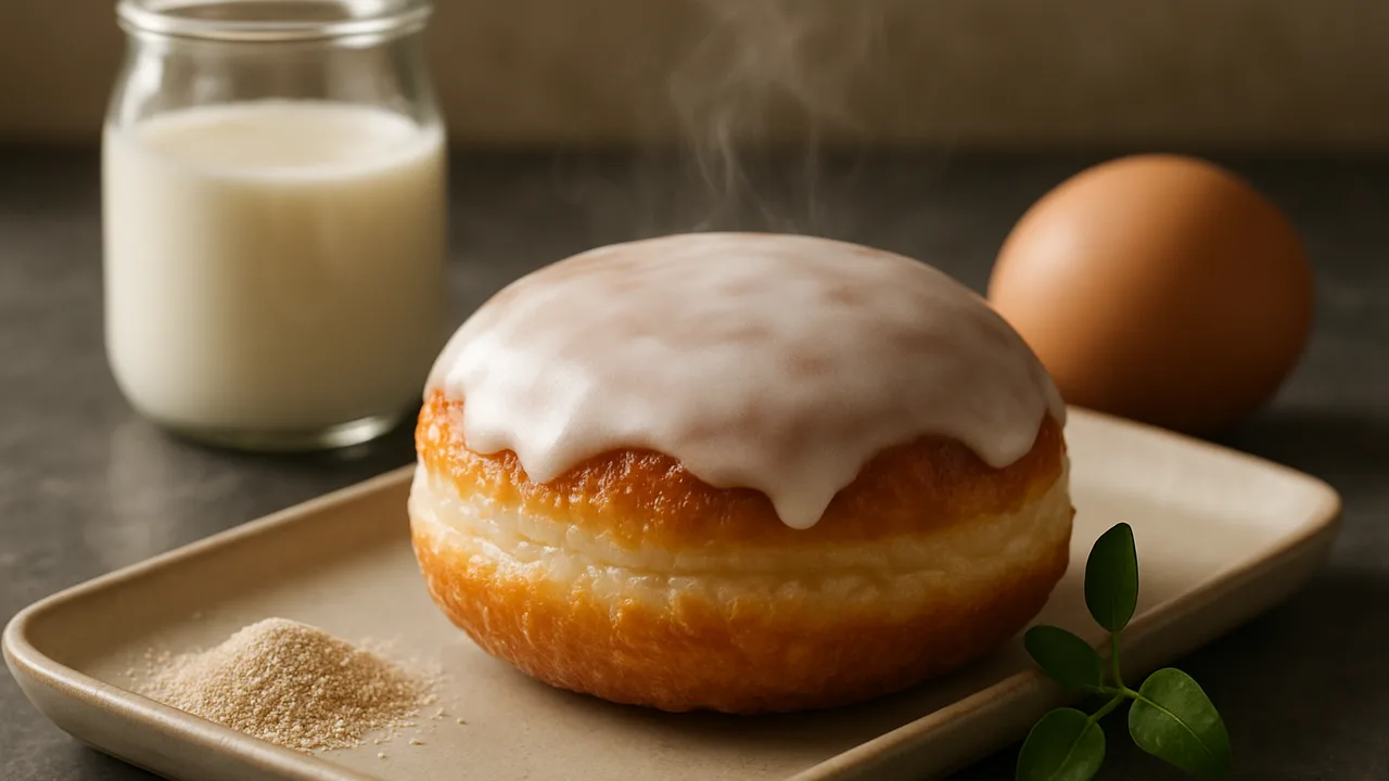 Berliner aus Hefeteig mit Zuckerguss aus dem Airfryer mit Trockenhefe und Milch, auf dunklem Schiefer angerichtet.
