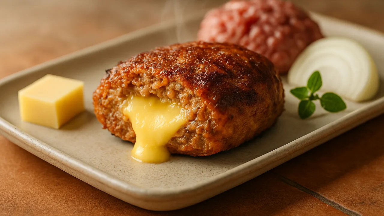 Bifteki gefüllt mit Gouda statt Feta aus dem Airfryer mit Gemischtes Hackfleisch und Gouda, auf Terracotta-Fliesen …