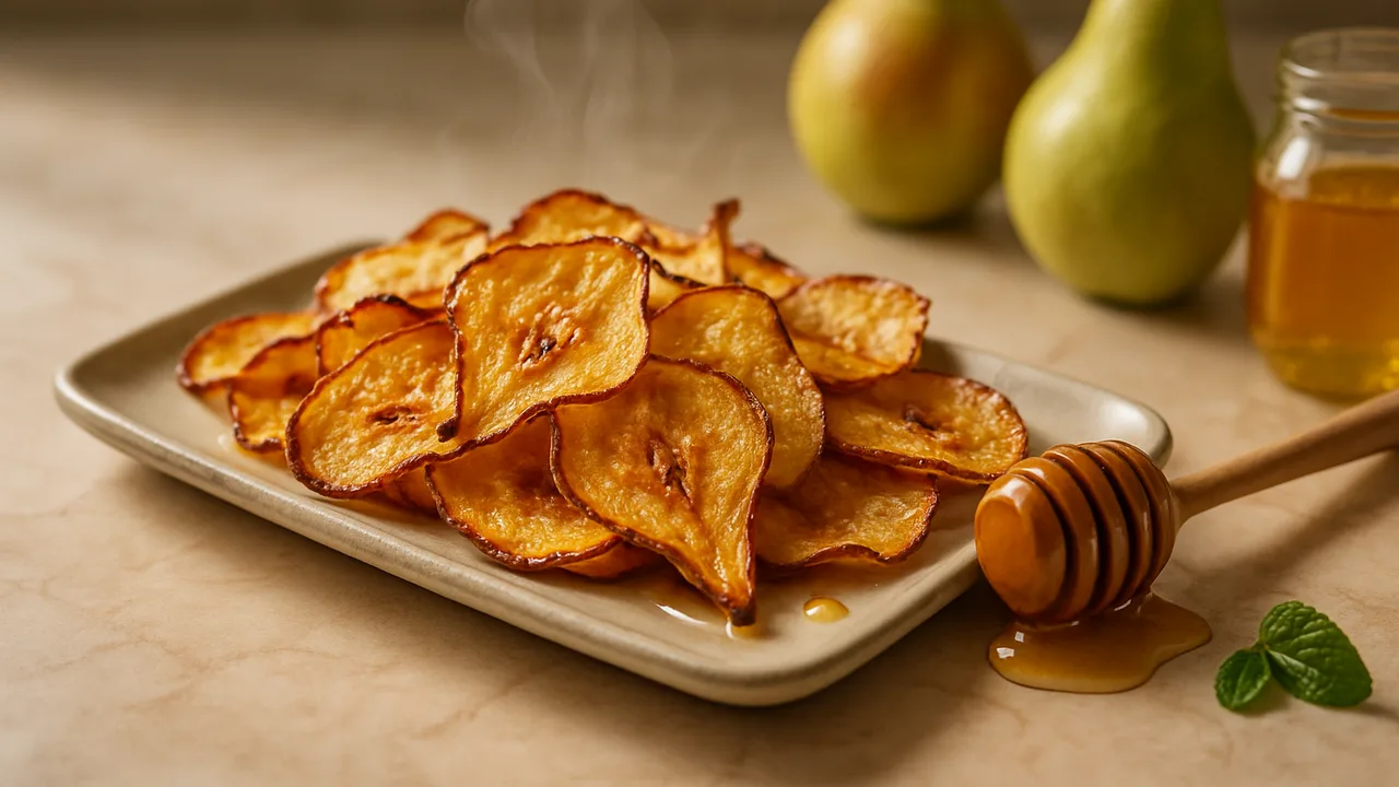 Birnen-Chips mit Honig aus dem Airfryer mit Birnen und Honig, auf beigem Marmor angerichtet.