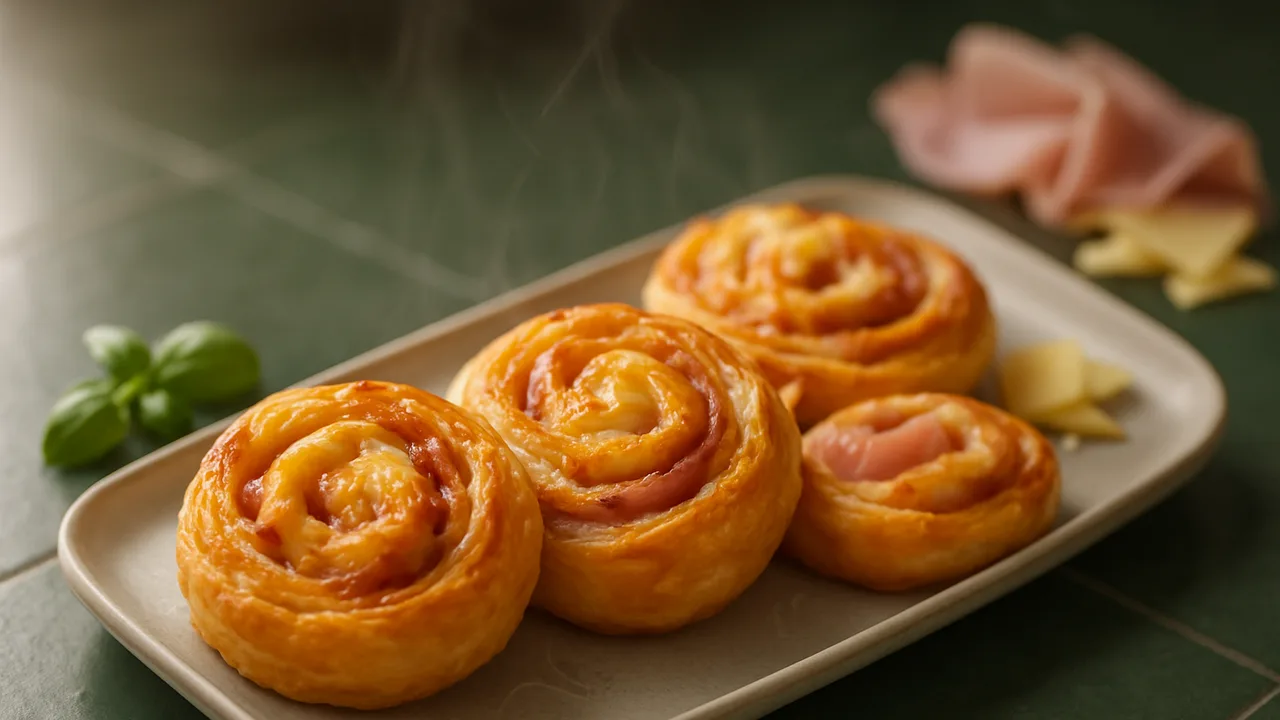 Blätterteig-Schnecken mit Schinken und Käse aus dem Airfryer mit Blätterteig (Rollen) und Schinken, auf dunkelgrünen …