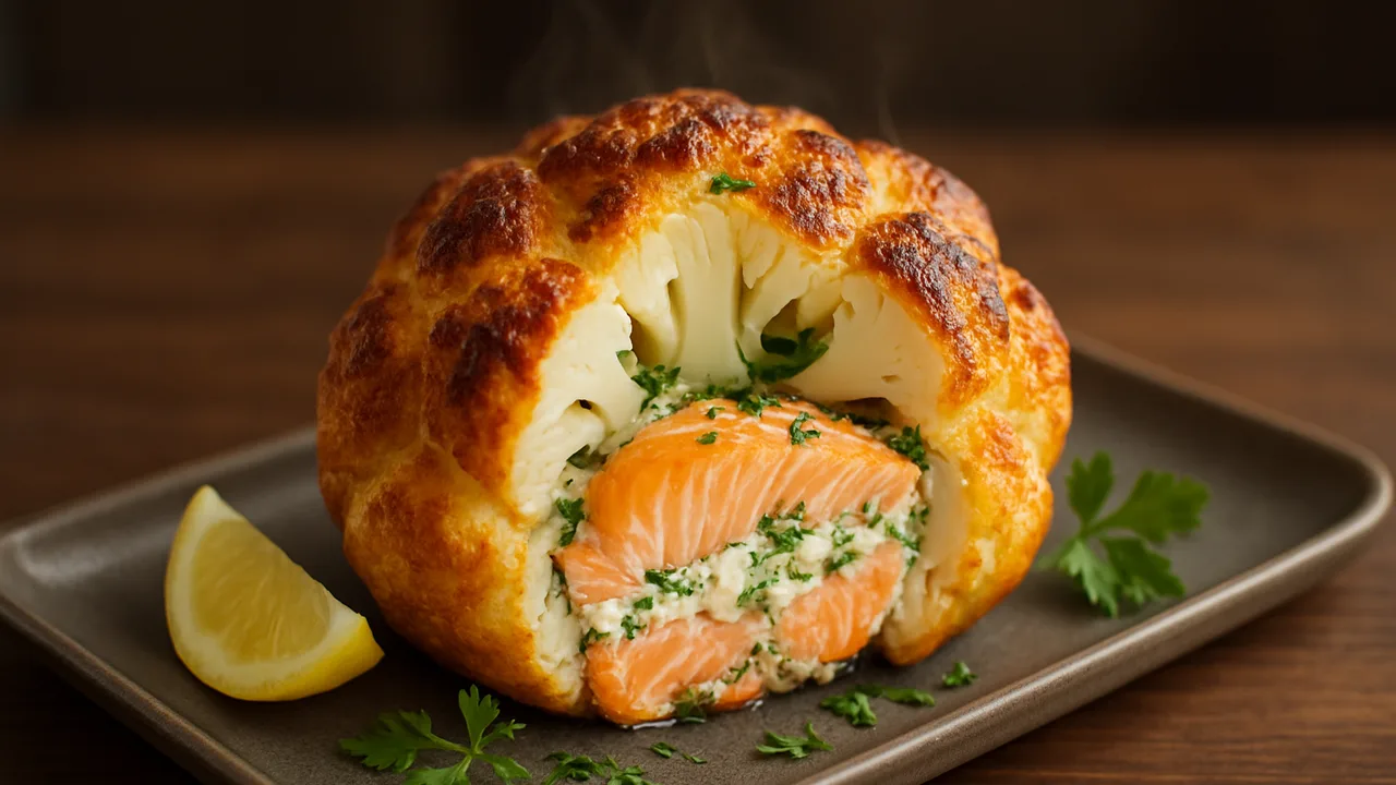 Blumenkohl gefüllt mit Lachs und Kräutern aus dem Airfryer mit Blumenkohl und Lachsfilet, auf dunklem Walnussholz …