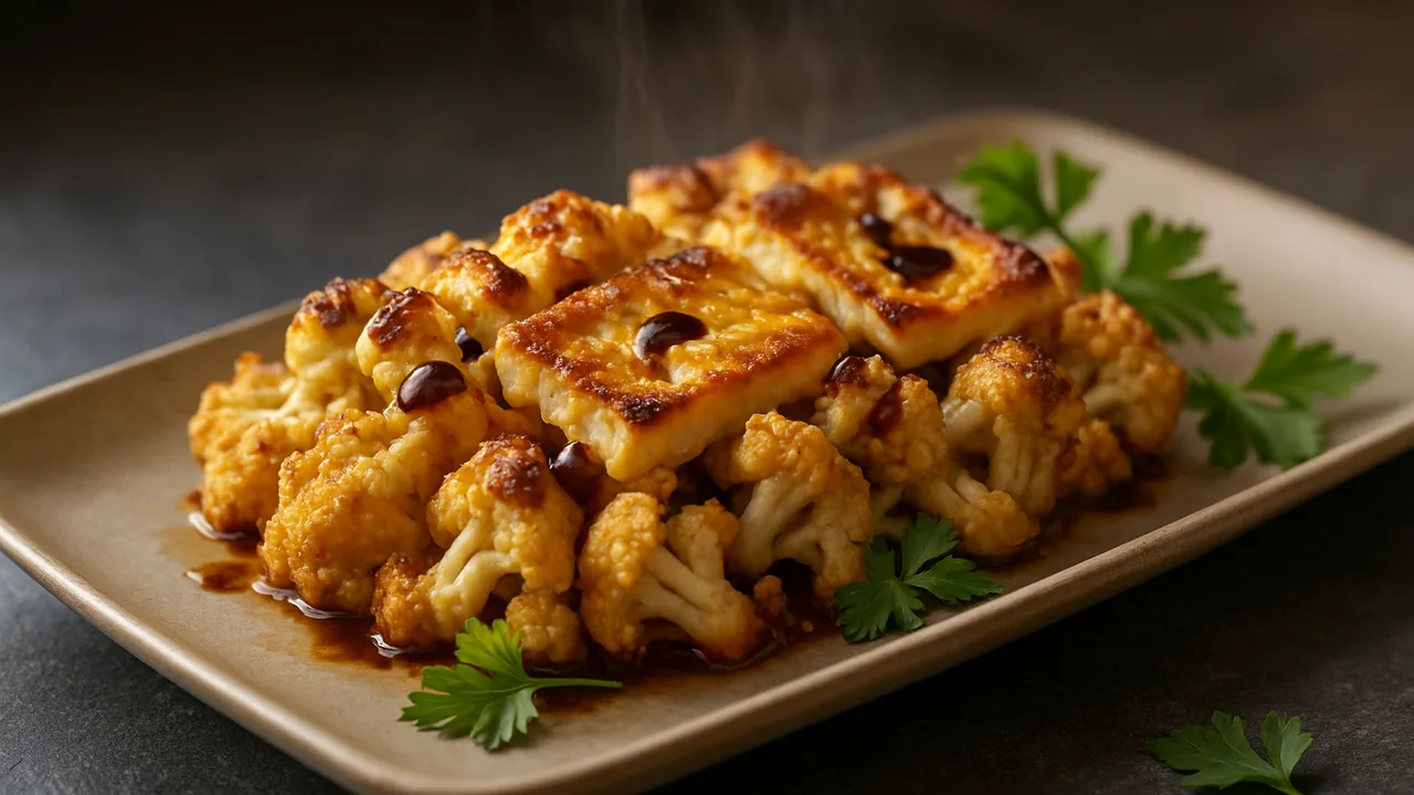 Blumenkohl-Halloumi Auflauf aus dem Airfryer mit Blumenkohl und Halloumi, auf dunklem Schiefer angerichtet.
