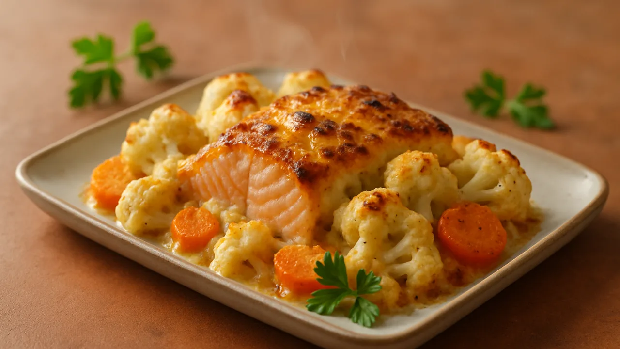 Blumenkohl-Lachs Auflauf aus dem Airfryer mit Lachsfilet und Blumenkohlröschen, auf Terracotta-Fliesen angerichtet.