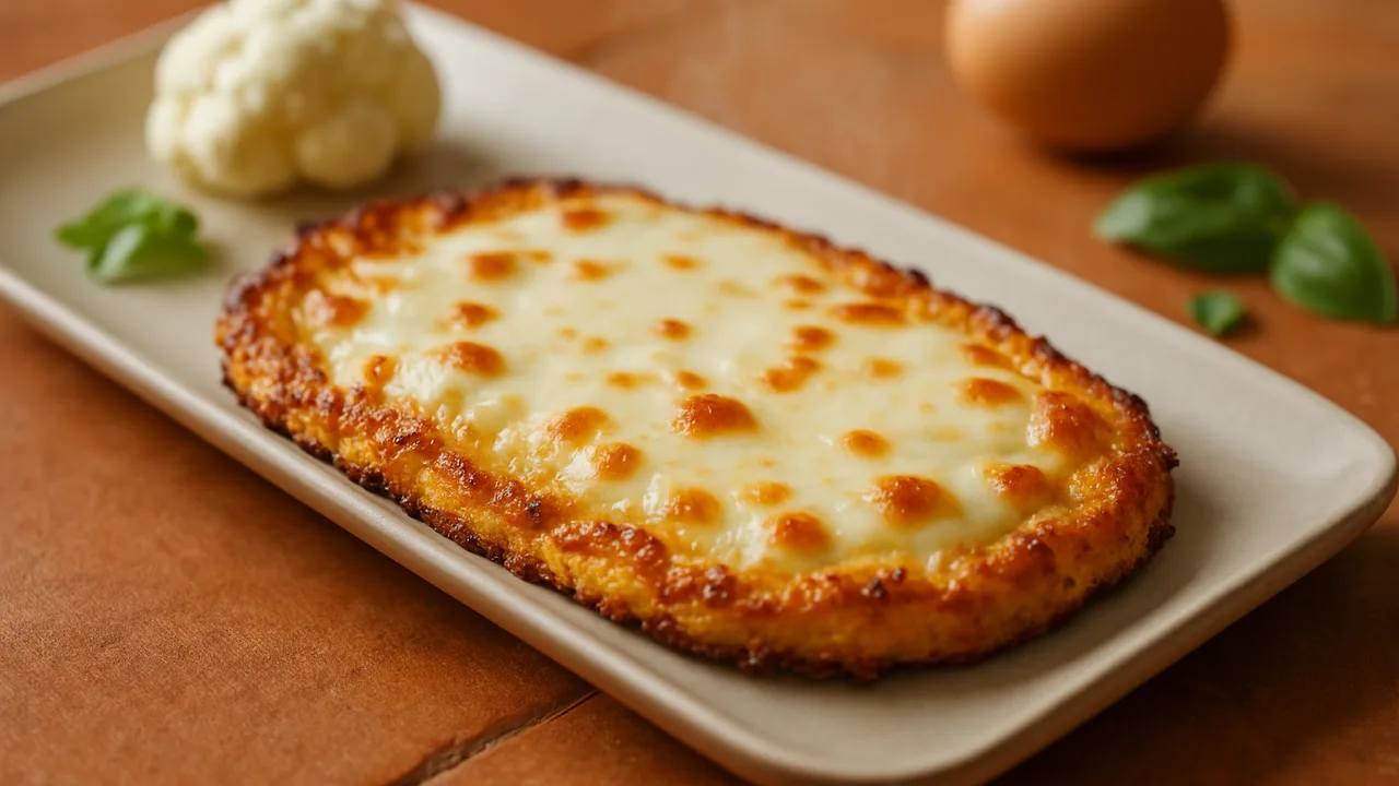 Blumenkohl-Pizzaboden mit Mozzarella aus dem Airfryer mit Blumenkohl und Ei, auf Terracotta-Fliesen angerichtet.