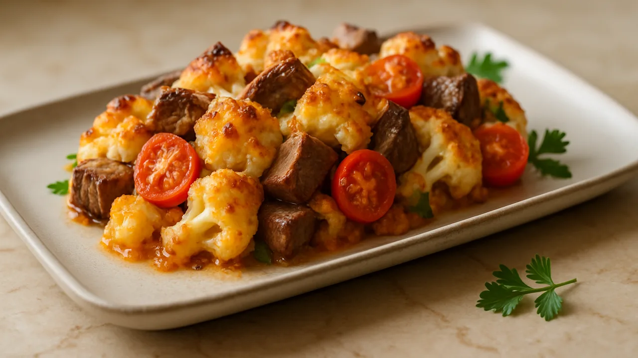 Blumenkohl-Rinderfilet-Auflauf aus dem Airfryer mit Rinderfilet und Blumenkohl, auf beigem Marmor angerichtet.