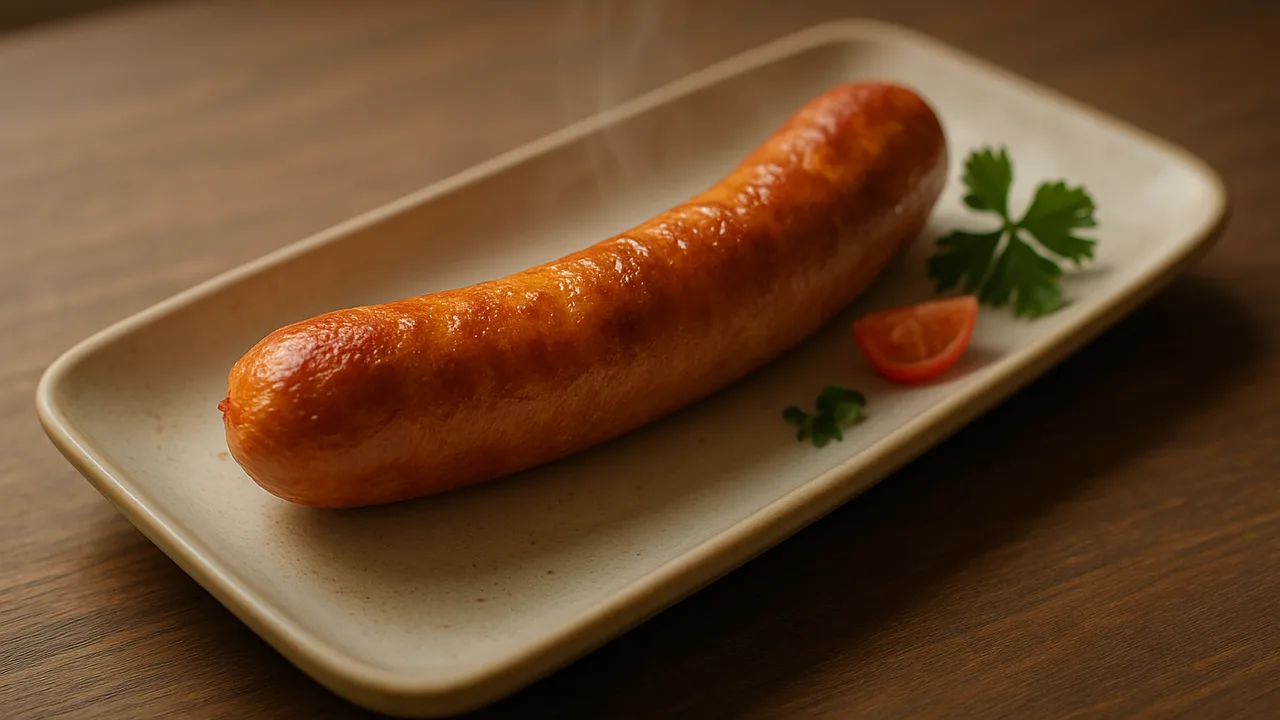 Bockwurst aufwärmen ohne Wasser aus dem Airfryer mit Bockwurst, auf dunklem Walnussholz angerichtet.
