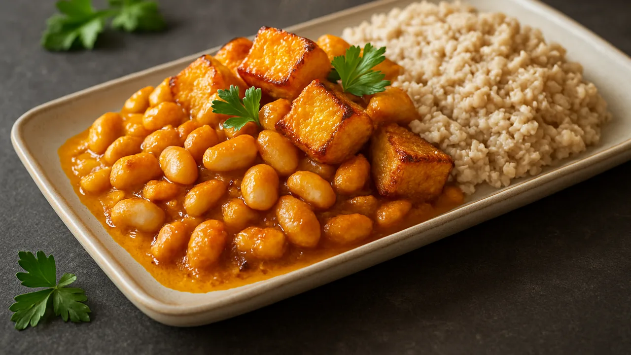 Weiße Bohnen Curry mit Steckrübe und Haferflocken aus dem Airfryer mit Weiße Bohnen und Steckrübe, auf dunklem Schiefer …
