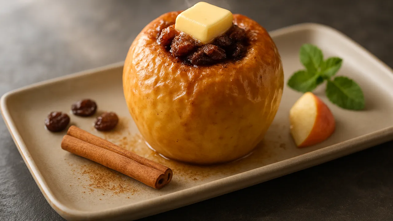 Bratapfel klassisch mit Rosinen und Zimt aus dem Airfryer mit Äpfel und Rosinen, auf dunklem Schiefer angerichtet.