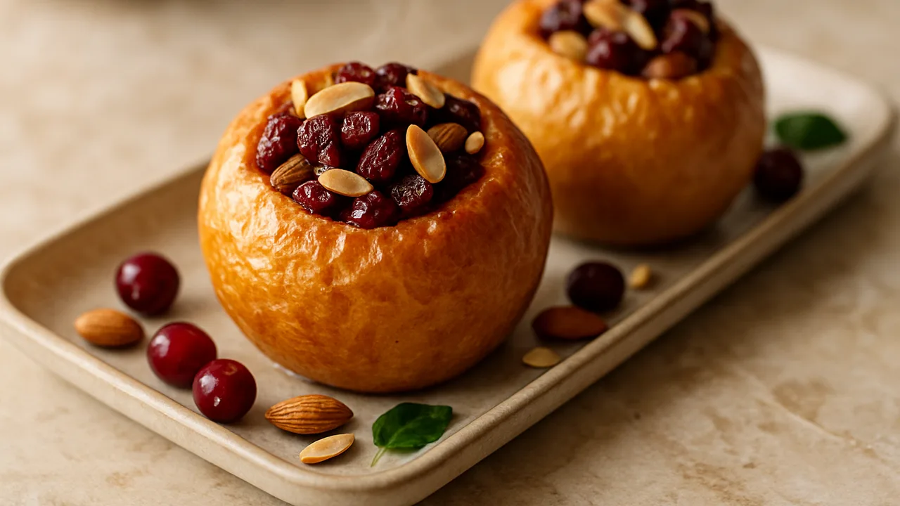 Bratapfel mit Cranberrys und Mandeln aus dem Airfryer mit Äpfel und Cranberrys, getrocknet, auf beigem Marmor angerichtet.