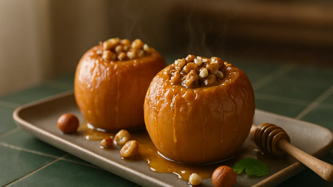 Bratapfel mit Nüssen und Honig aus dem Airfryer mit Äpfel und Haselnüsse, auf dunkelgrünen Fliesen angerichtet.