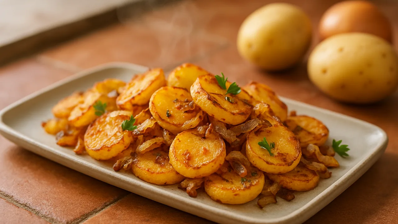 Bratkartoffeln aus gekochten Kartoffeln vom Vortag aus dem Airfryer mit Gekochte Kartoffeln (vom Vortag) und Zwiebel, auf …