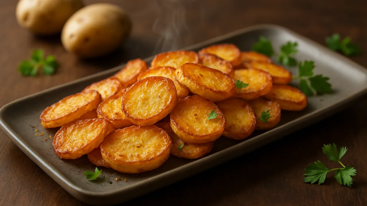Bratkartoffeln aus rohen Kartoffeln – knusprig ohne Fett aus dem Airfryer mit Kartoffeln, auf dunklem Walnussholz …