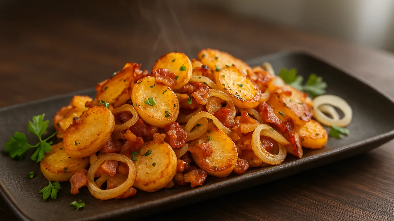 Bratkartoffeln mit Speck und Zwiebeln aus dem Airfryer mit Kartoffeln und Speck, auf dunklem Walnussholz angerichtet.